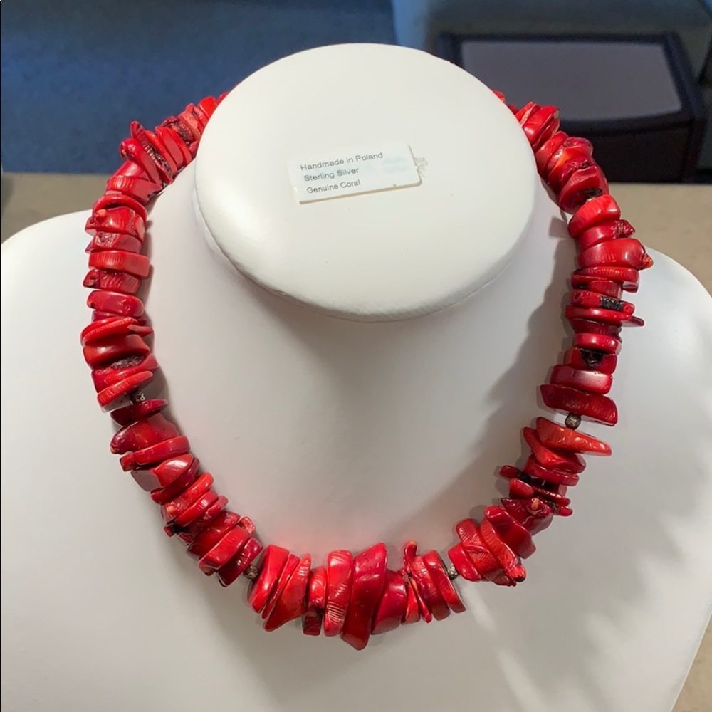 Genuine red coral necklace with sterling silver.